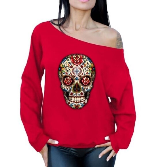 Unknown Tops - Red Oversized Off Shoulder Sugar Skull Day Of The Dead Sweatshirt Spider 2X